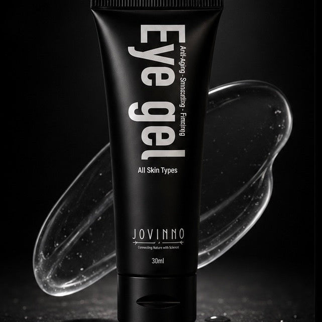 Black tube of Jovinno Eye Gel on a dark background